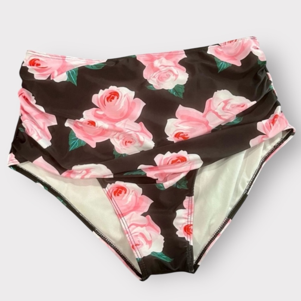 Rose Floral High-Waisted Bikini Bottom XL Lightly Ruched Mix Match Separates